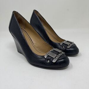 Nine West Women's Orsello Wedge Slip On Shoes Buckle Cap Toe Black Size 7M